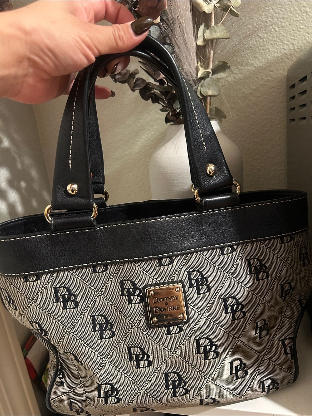 Dooney & Bourke Beige Monogram Tote with Black Trim